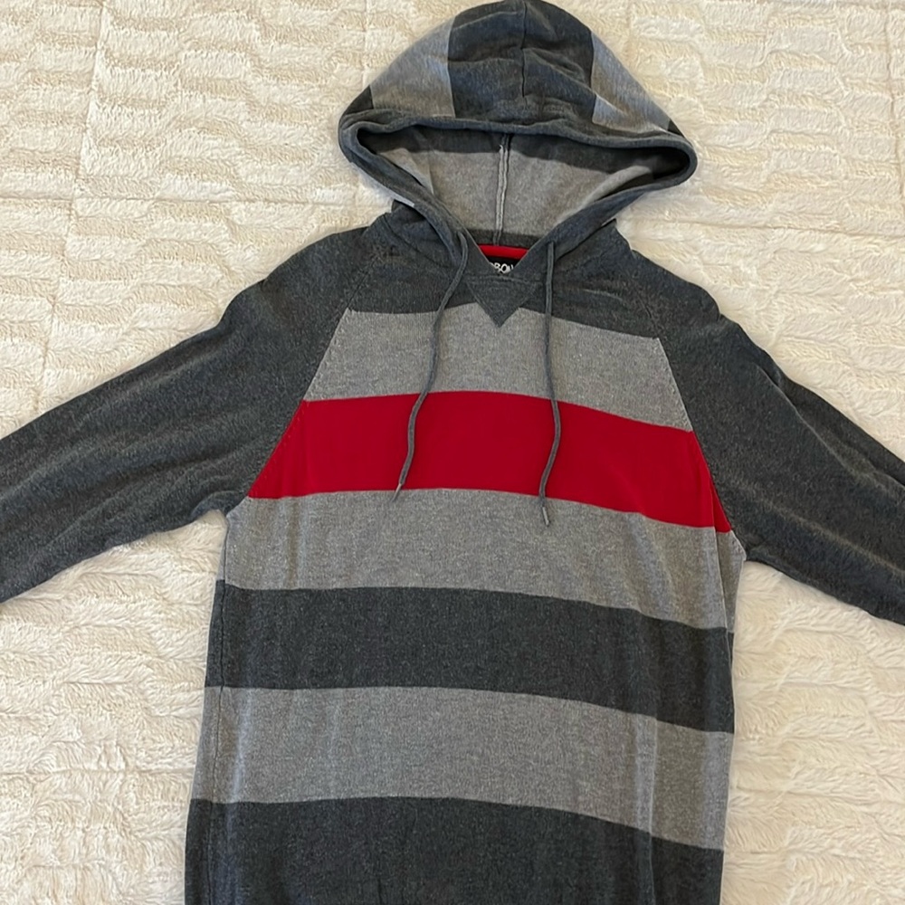Men’s hooded sweater size large. Charcoal gray… light gray and one red stripe